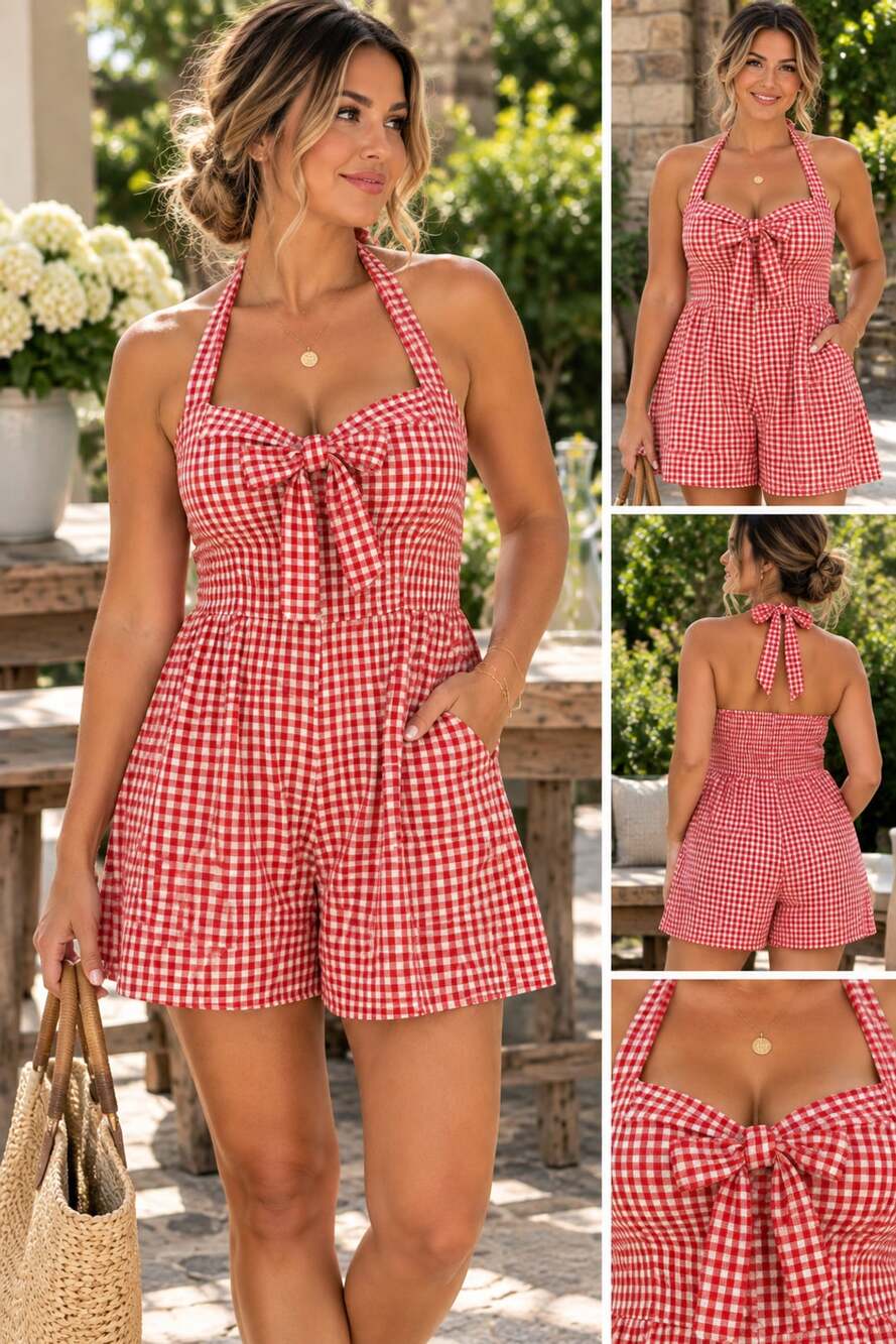 Petal And Pup Bambi Romper Red White Gingham Halter Bow